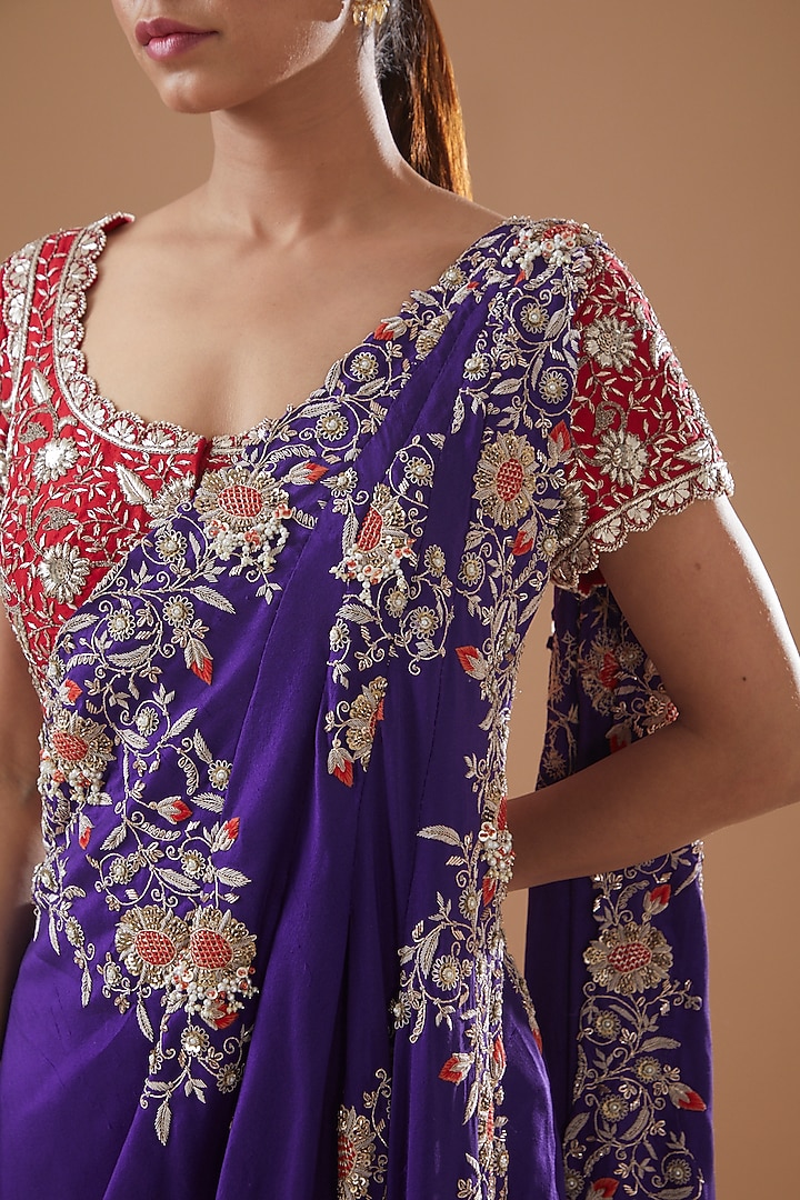 Purple Dupion Embroidered Draped Bridal Saree Set by Minaxi Dadoo at Pernia's Pop Up Shop