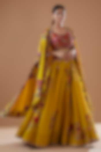 Yellow Chanderi Embroidered Jacket Bridal Lehenga Set by Minaxi Dadoo at Pernia's Pop Up Shop