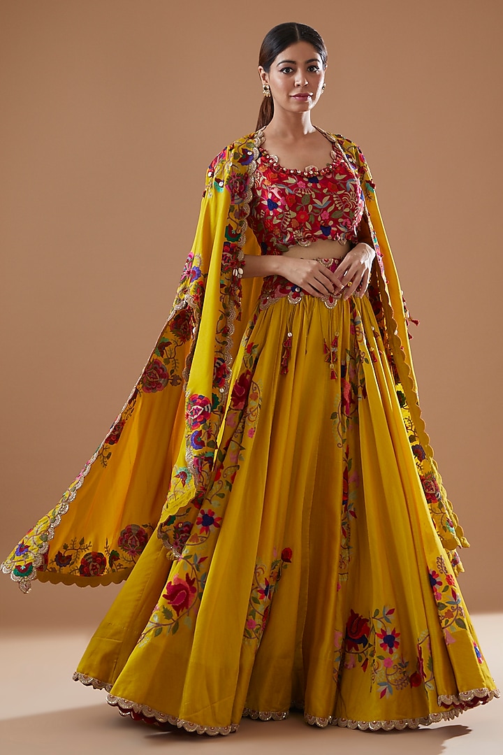 Yellow Chanderi Embroidered Jacket Bridal Lehenga Set by Minaxi Dadoo at Pernia's Pop Up Shop