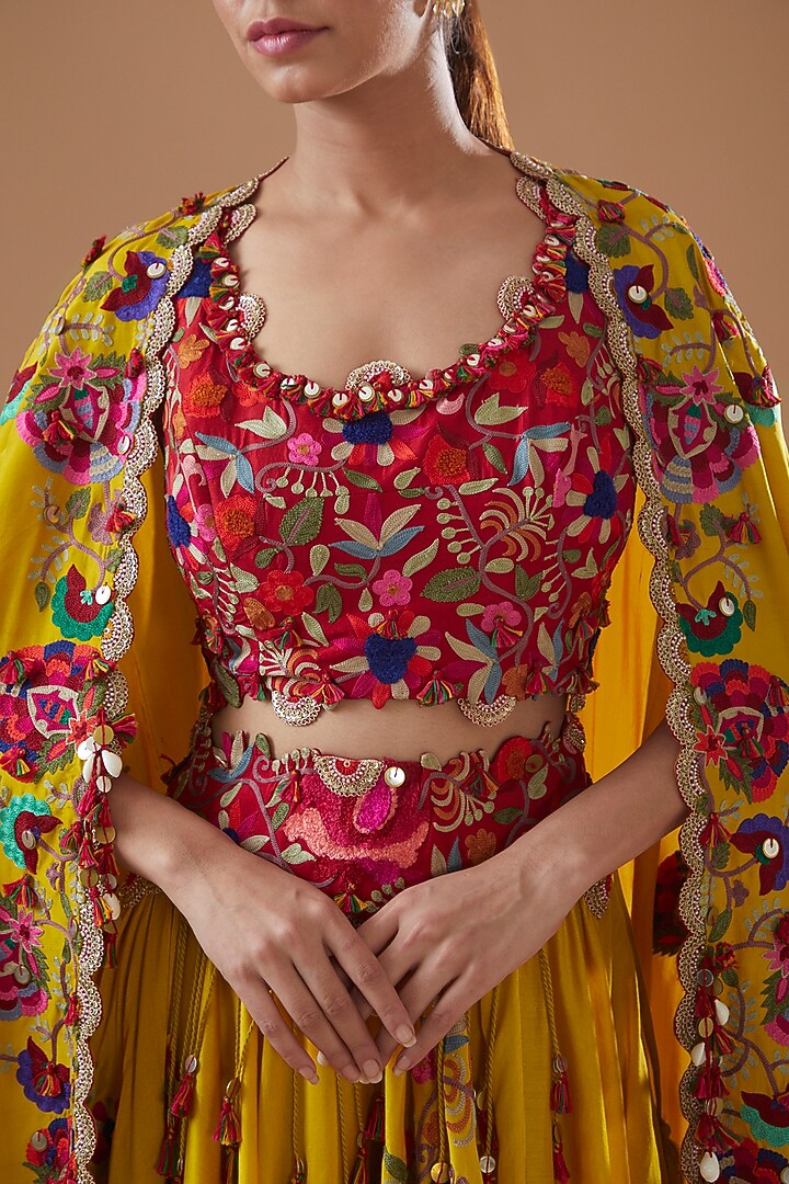 Yellow Chanderi Embroidered Jacket Bridal Lehenga Set by Minaxi Dadoo at Pernia's Pop Up Shop