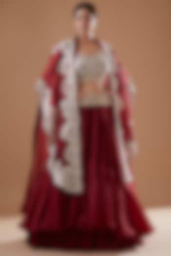 Maroon Organza Embroidered Jacket Bridal Lehenga Set by Minaxi Dadoo at Pernia's Pop Up Shop