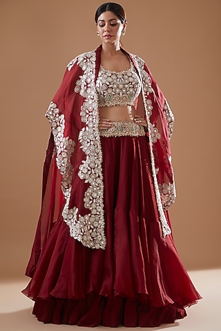 Maroon Organza Embroidered Jacket Lehenga Set by Minaxi Dadoo