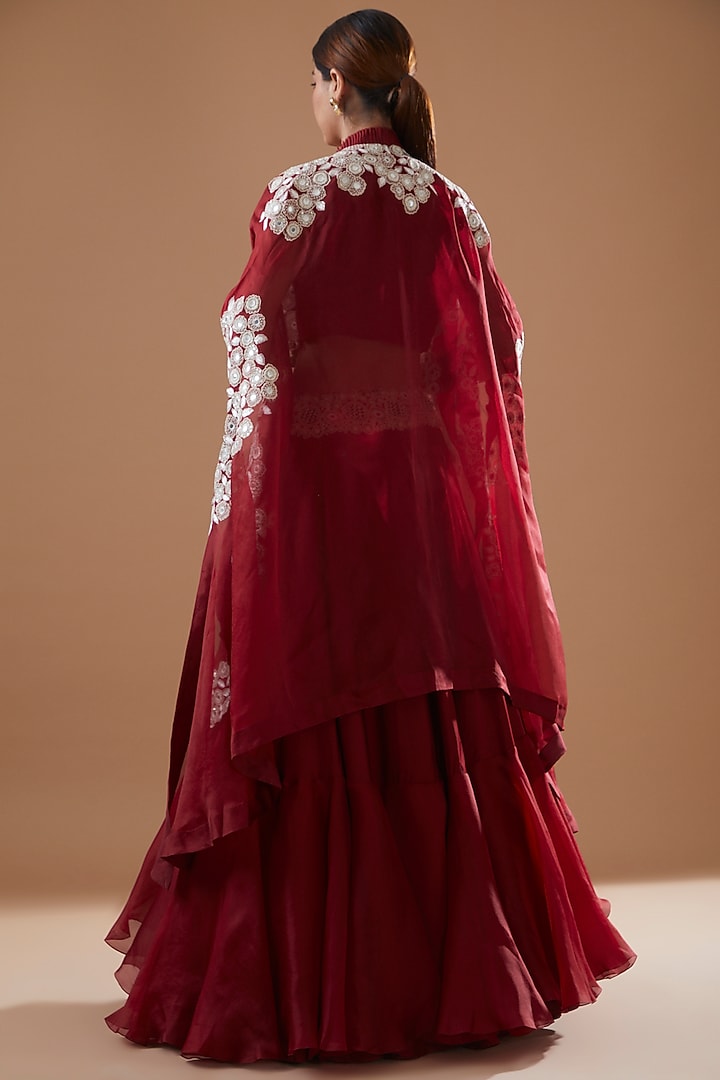 Maroon Organza Embroidered Jacket Bridal Lehenga Set by Minaxi Dadoo at Pernia's Pop Up Shop