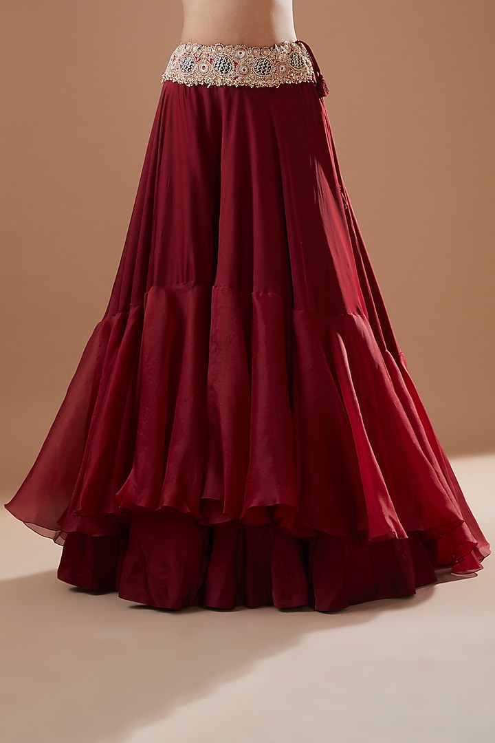 Maroon Organza Embroidered Jacket Bridal Lehenga Set by Minaxi Dadoo at Pernia's Pop Up Shop