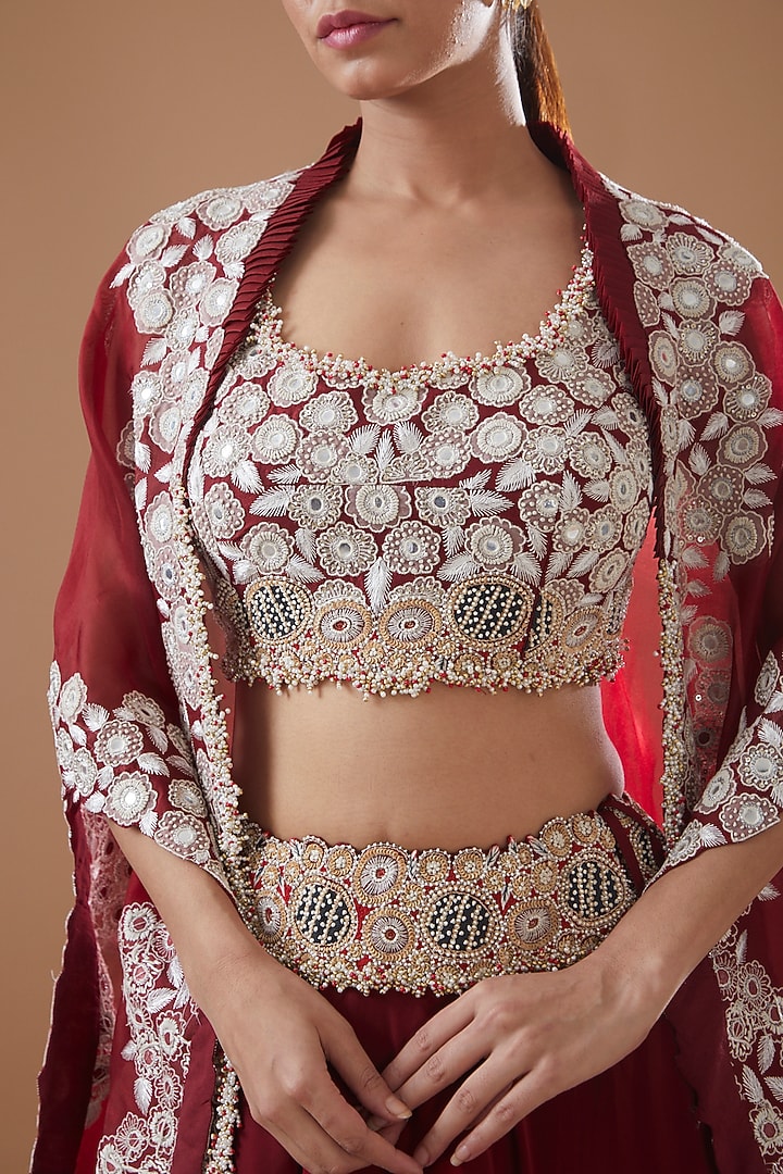 Maroon Organza Embroidered Jacket Bridal Lehenga Set by Minaxi Dadoo at Pernia's Pop Up Shop