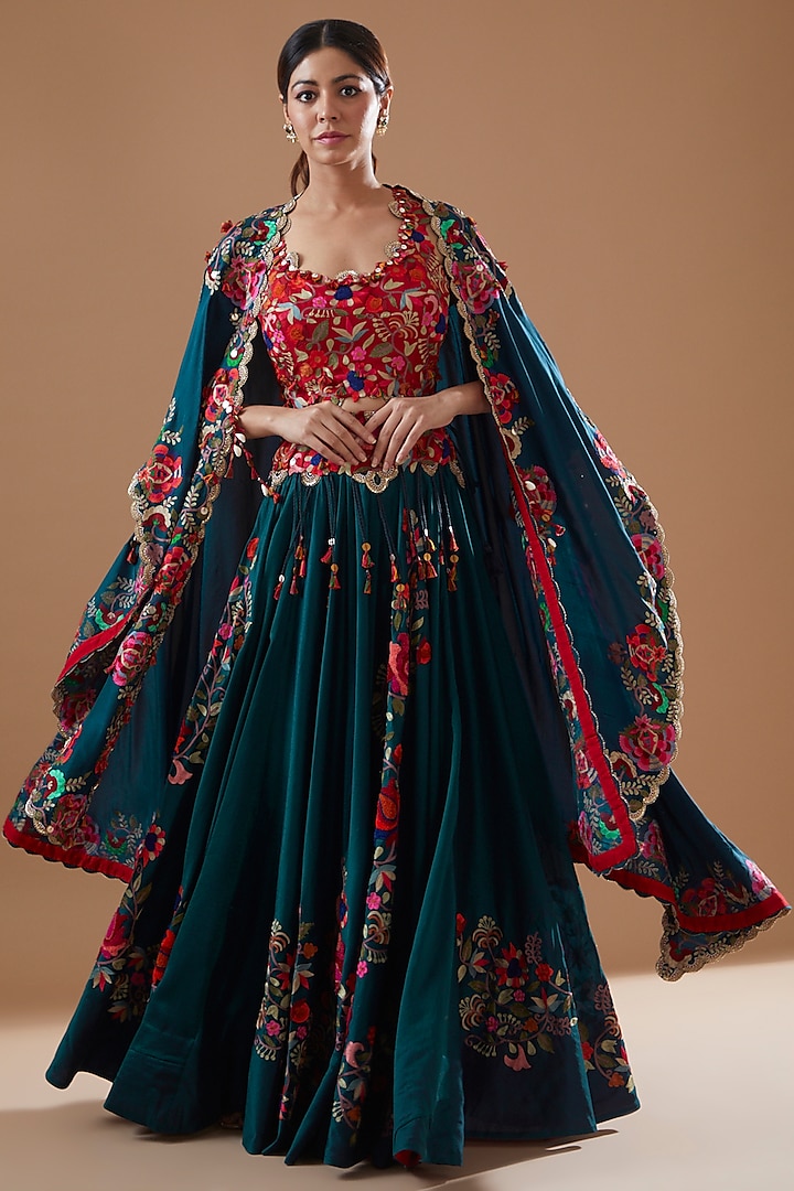 Peacock Blue Chanderi Embroidered Jacket Bridal Lehenga Set by Minaxi Dadoo at Pernia's Pop Up Shop