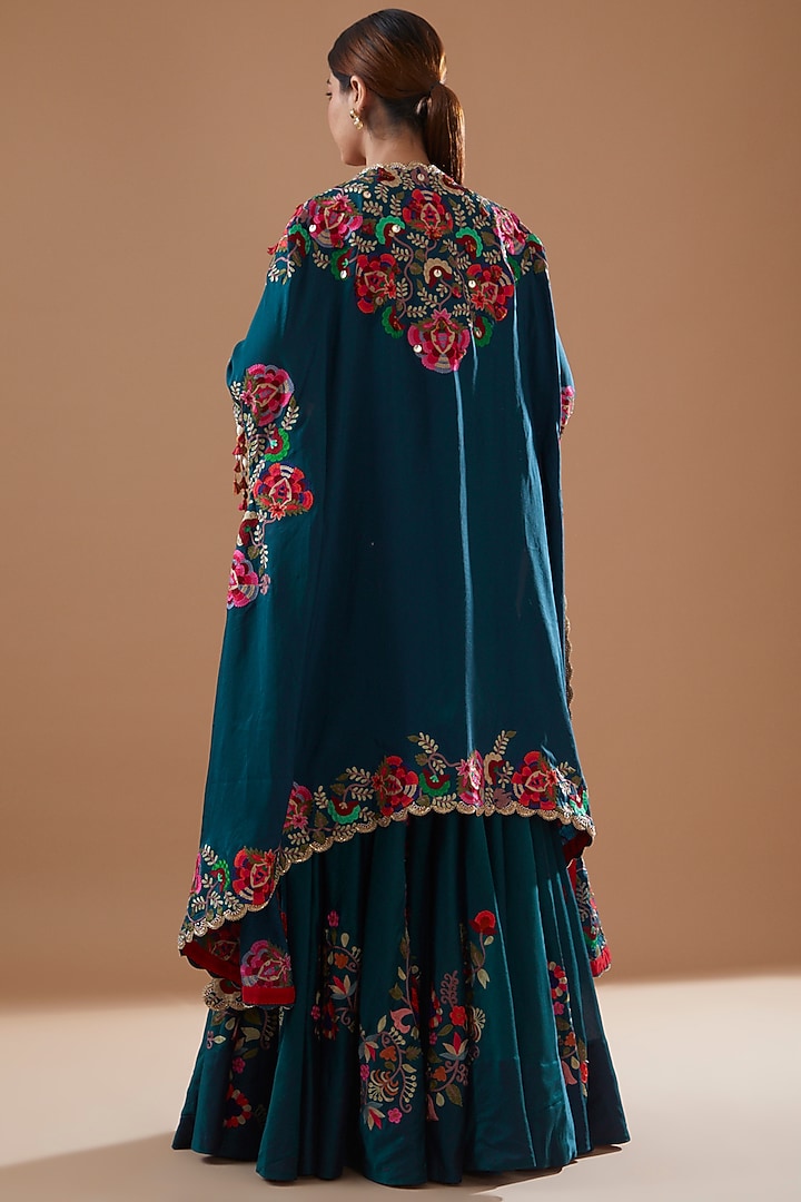 Peacock Blue Chanderi Embroidered Jacket Bridal Lehenga Set by Minaxi Dadoo at Pernia's Pop Up Shop