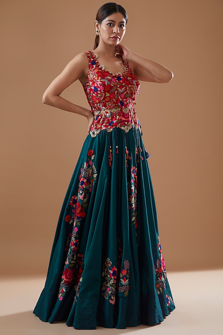 Peacock Blue Chanderi Embroidered Jacket Bridal Lehenga Set by Minaxi Dadoo at Pernia's Pop Up Shop