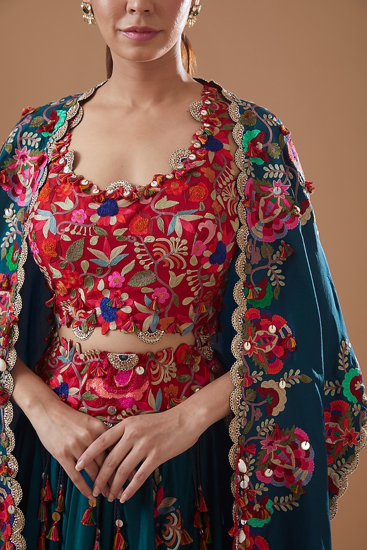 Peacock Blue Chanderi Embroidered Jacket Bridal Lehenga Set by Minaxi Dadoo at Pernia's Pop Up Shop
