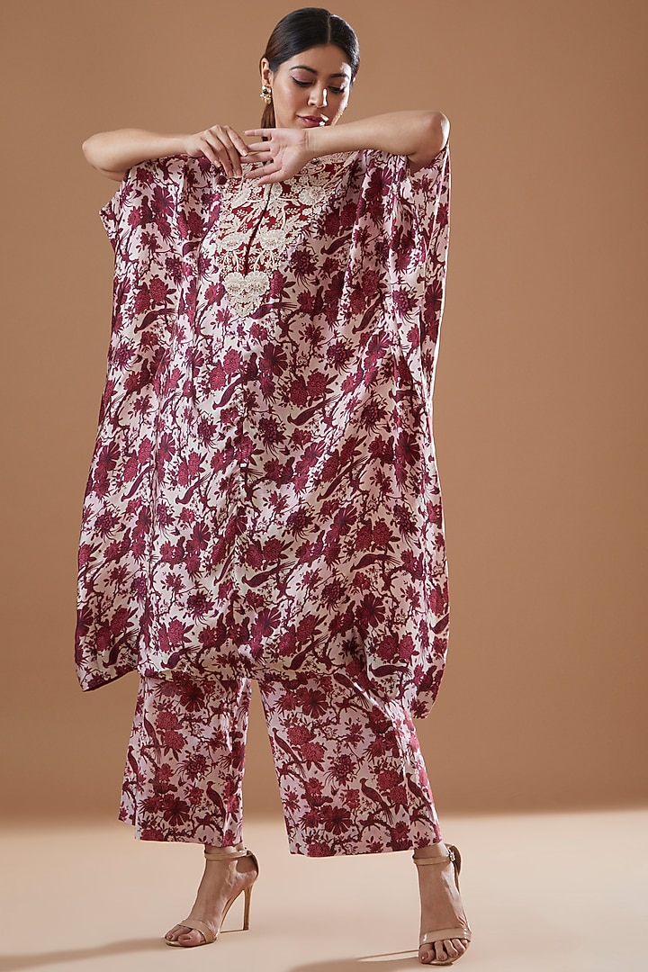Maroon Satin Printed Kaftan Set by Minaxi Dadoo at Pernia's Pop Up Shop