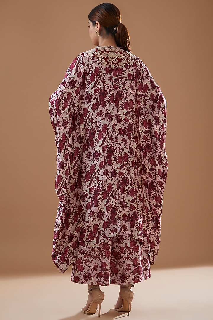 Maroon Satin Printed Kaftan Set by Minaxi Dadoo at Pernia's Pop Up Shop