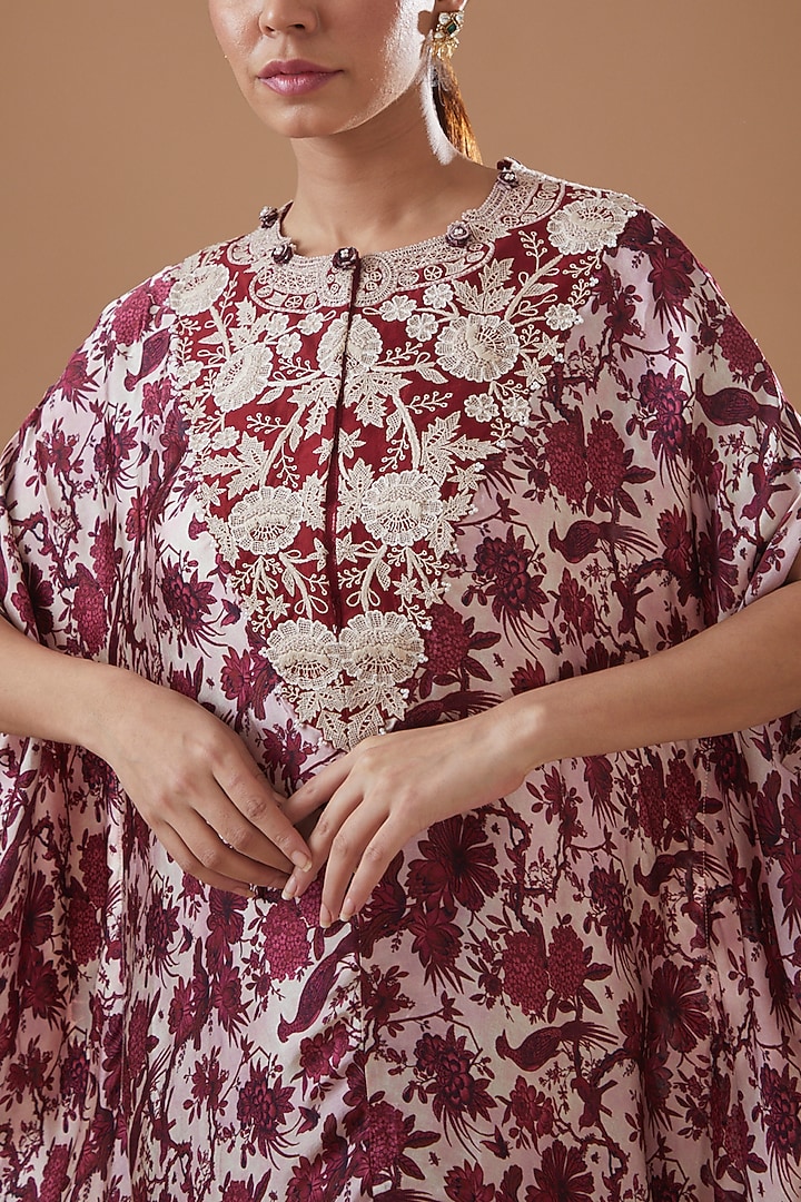 Maroon Satin Printed Kaftan Set by Minaxi Dadoo at Pernia's Pop Up Shop