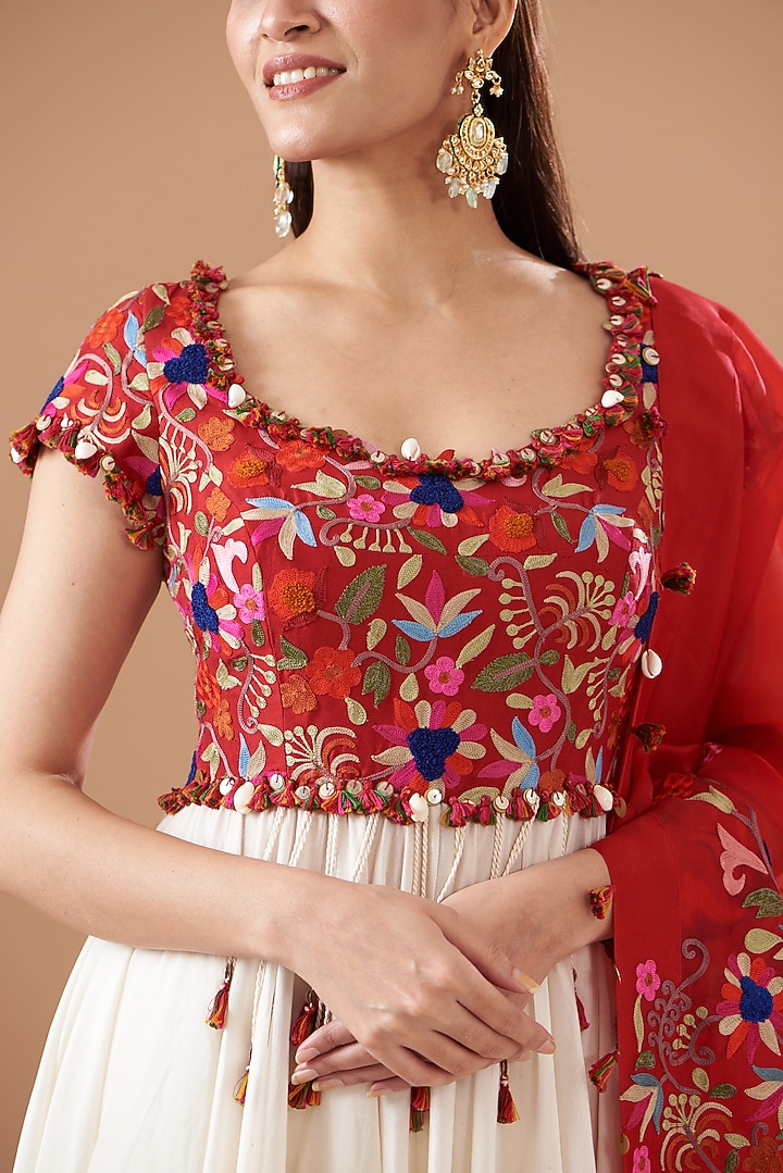 Red & Ivory Chanderi Bridal Anarkali Set by Minaxi Dadoo at Pernia's Pop Up Shop