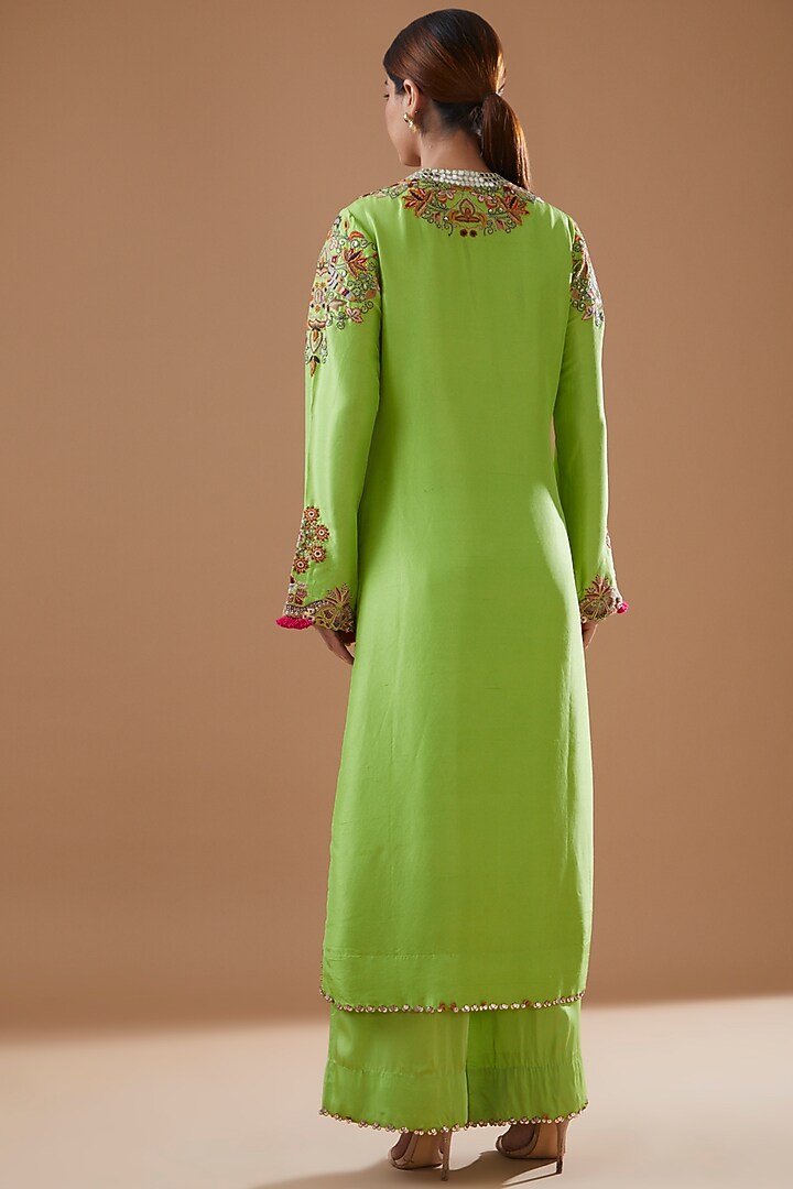 Green Dupion Embroidered Kurta Set by Minaxi Dadoo at Pernia's Pop Up Shop