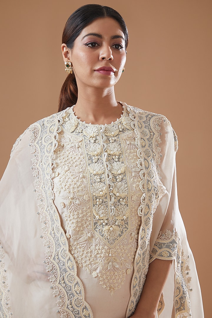 Beige Dupion Embroidered Kurta Set by Minaxi Dadoo at Pernia's Pop Up Shop