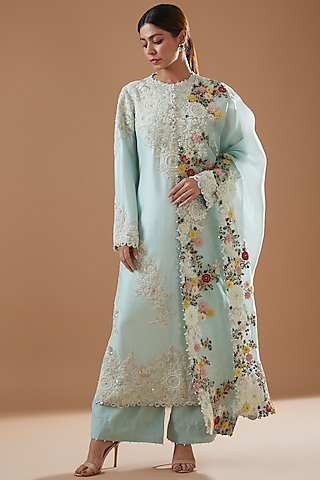 Powder Blue Embroidered Kurta Set by Minaxi Dadoo