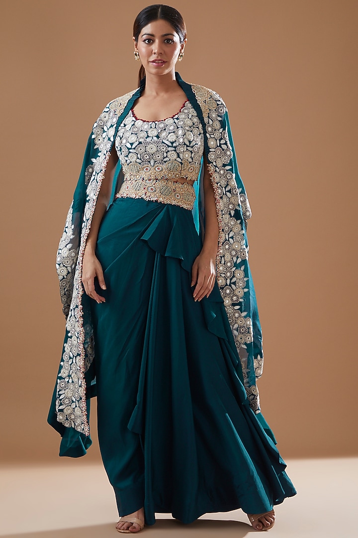 Peacock Blue Dupion Embroidered Cape Set by Minaxi Dadoo at Pernia's Pop Up Shop