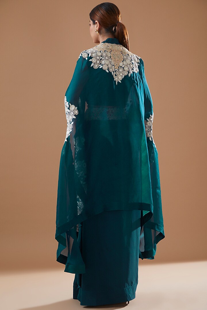 Peacock Blue Dupion Embroidered Cape Set by Minaxi Dadoo at Pernia's Pop Up Shop