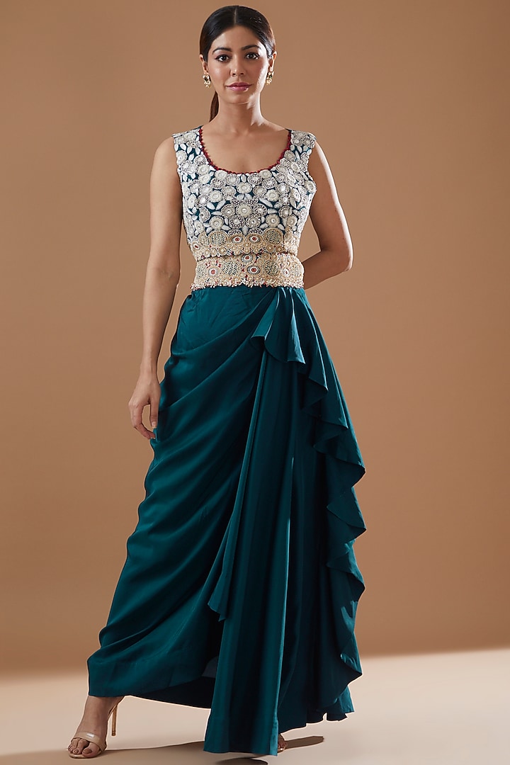 Peacock Blue Dupion Embroidered Cape Set by Minaxi Dadoo at Pernia's Pop Up Shop