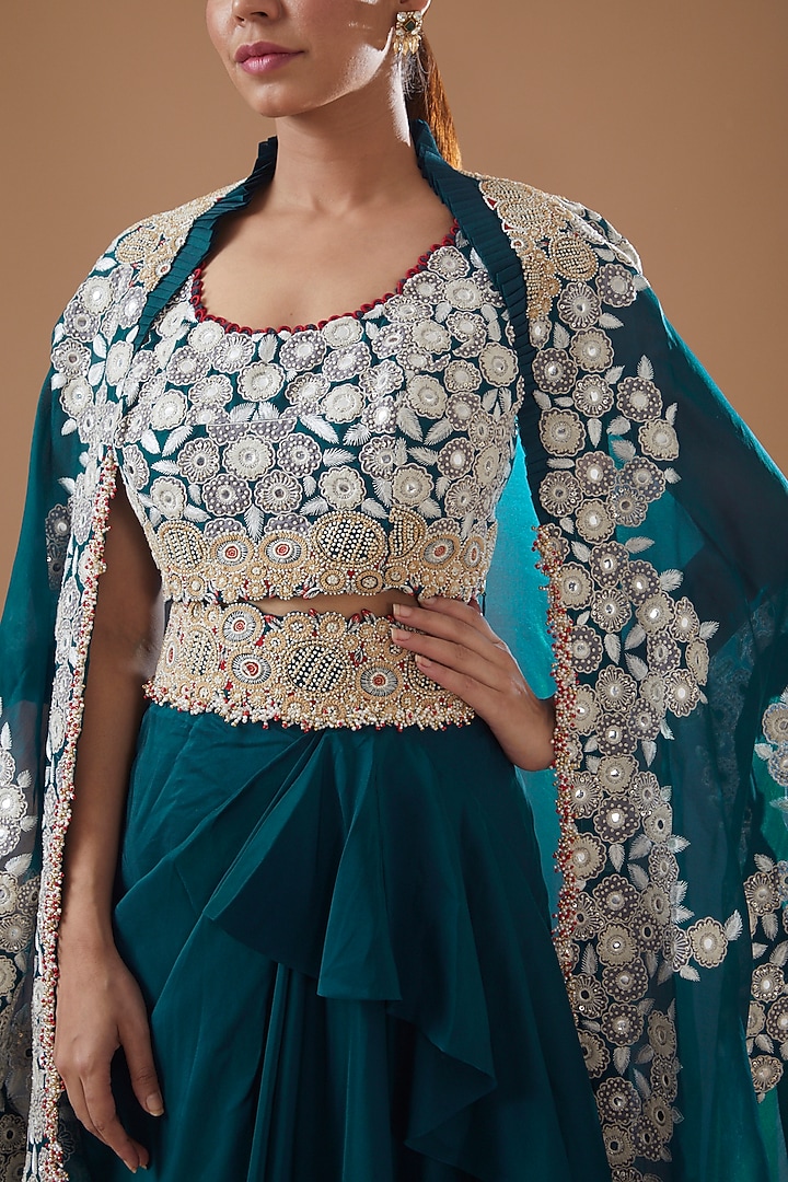 Peacock Blue Dupion Embroidered Cape Set by Minaxi Dadoo at Pernia's Pop Up Shop