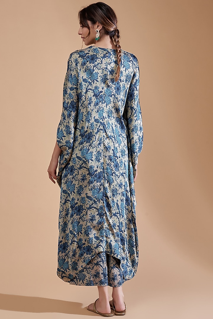 Blue Satin Printed Kaftan Set by Minaxi Dadoo at Pernia's Pop Up Shop