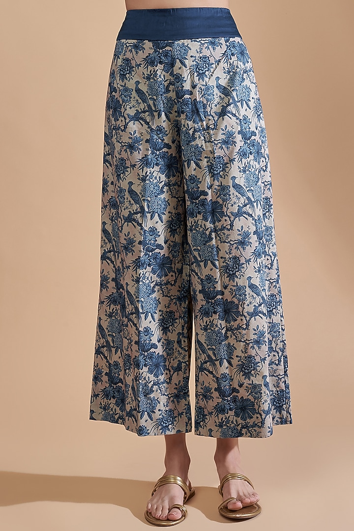 Blue Satin Printed Kaftan Set by Minaxi Dadoo at Pernia's Pop Up Shop