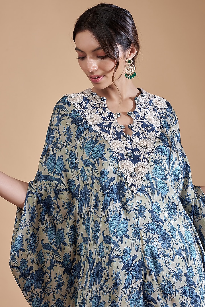 Blue Satin Printed Kaftan Set by Minaxi Dadoo at Pernia's Pop Up Shop