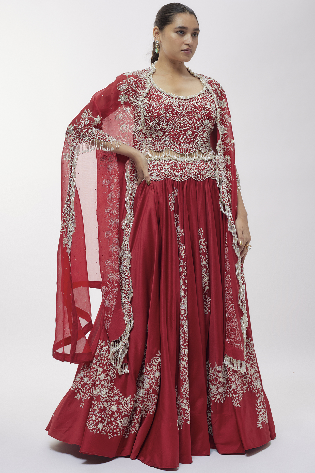 Red Chanderi Thread Work Skirt Set by Minaxi Dadoo at Pernia's Pop Up Shop