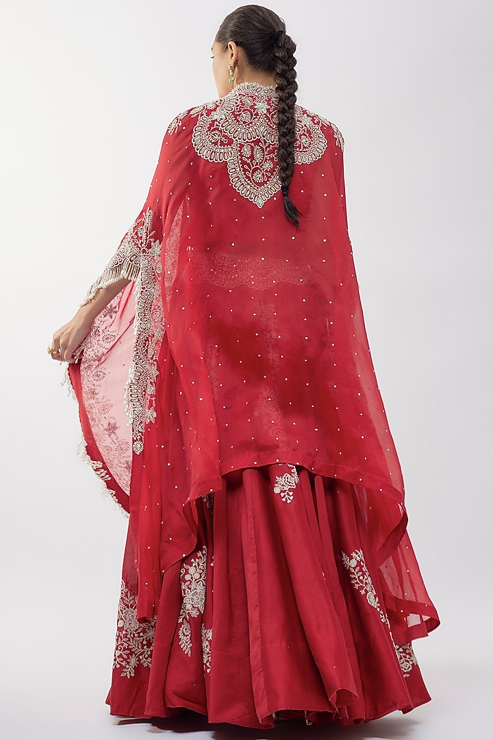 Red Chanderi Thread Work Skirt Set by Minaxi Dadoo at Pernia's Pop Up Shop