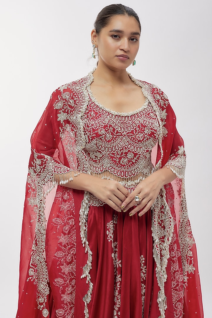 Red Chanderi Thread Work Skirt Set by Minaxi Dadoo at Pernia's Pop Up Shop
