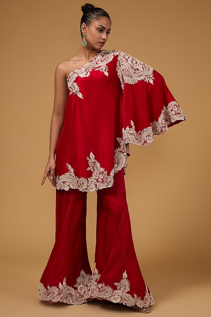 Red Silk Dori Work Tunic Set by Minaxi Dadoo