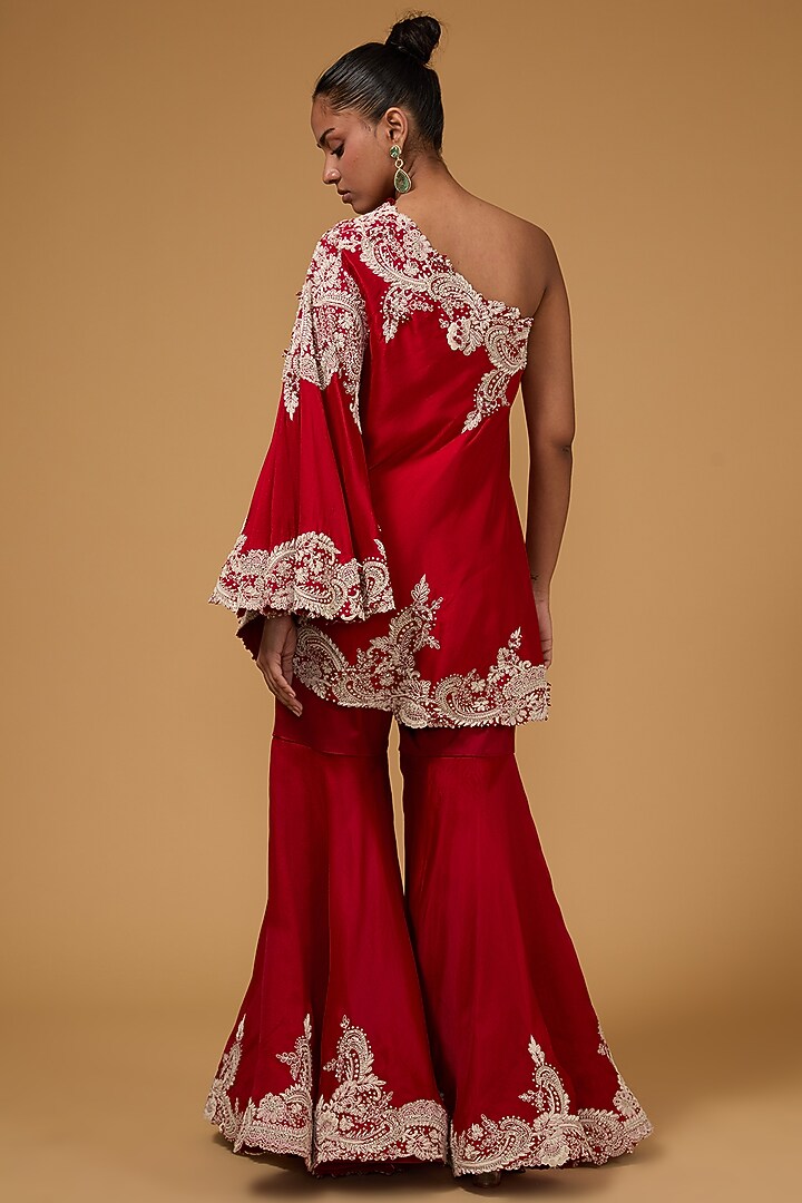 Red Silk Dori Work Tunic Set by Minaxi Dadoo at Pernia's Pop Up Shop