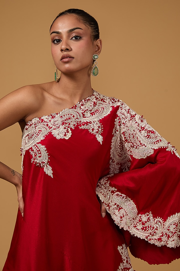 Red Silk Dori Work Tunic Set by Minaxi Dadoo at Pernia's Pop Up Shop