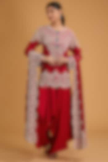 Red Silk Pearl Work Kurta Set by Minaxi Dadoo