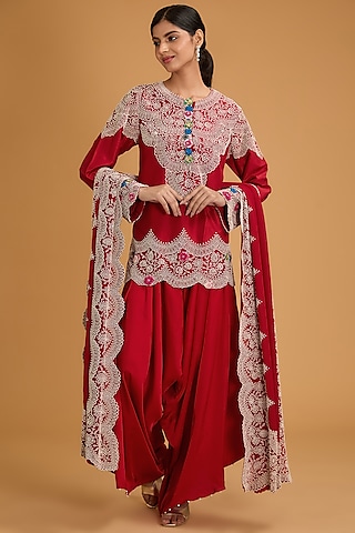Red Silk Pearl Work Kurta Set by Minaxi Dadoo
