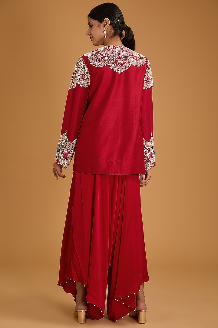 Red Silk Pearl Work Kurta Set by Minaxi Dadoo at Pernia's Pop Up Shop