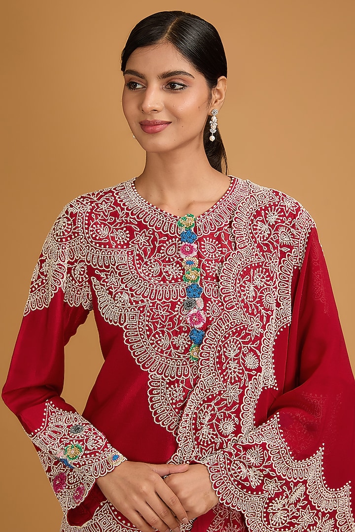 Red Silk Pearl Work Kurta Set by Minaxi Dadoo at Pernia's Pop Up Shop