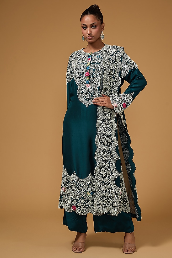 Peacock Blue Dupion Pearl Work Long Kurta Set by Minaxi Dadoo