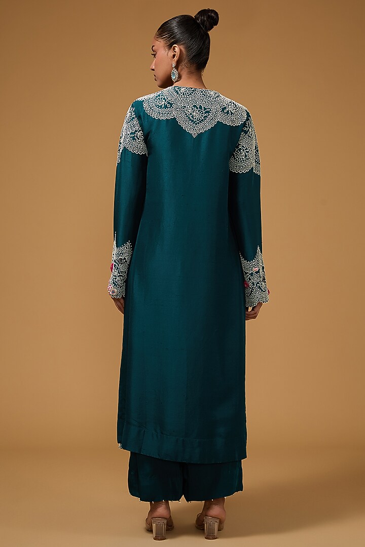 Peacock Blue Dupion Pearl Work Long Kurta Set by Minaxi Dadoo at Pernia's Pop Up Shop