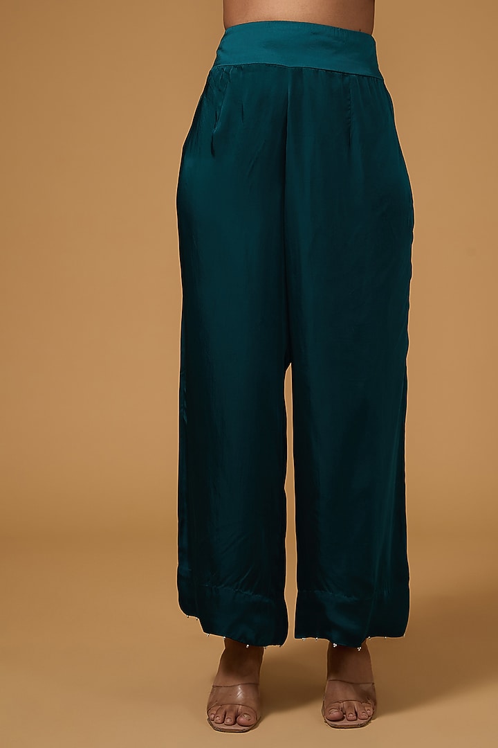 Peacock Blue Dupion Pearl Work Long Kurta Set by Minaxi Dadoo at Pernia's Pop Up Shop