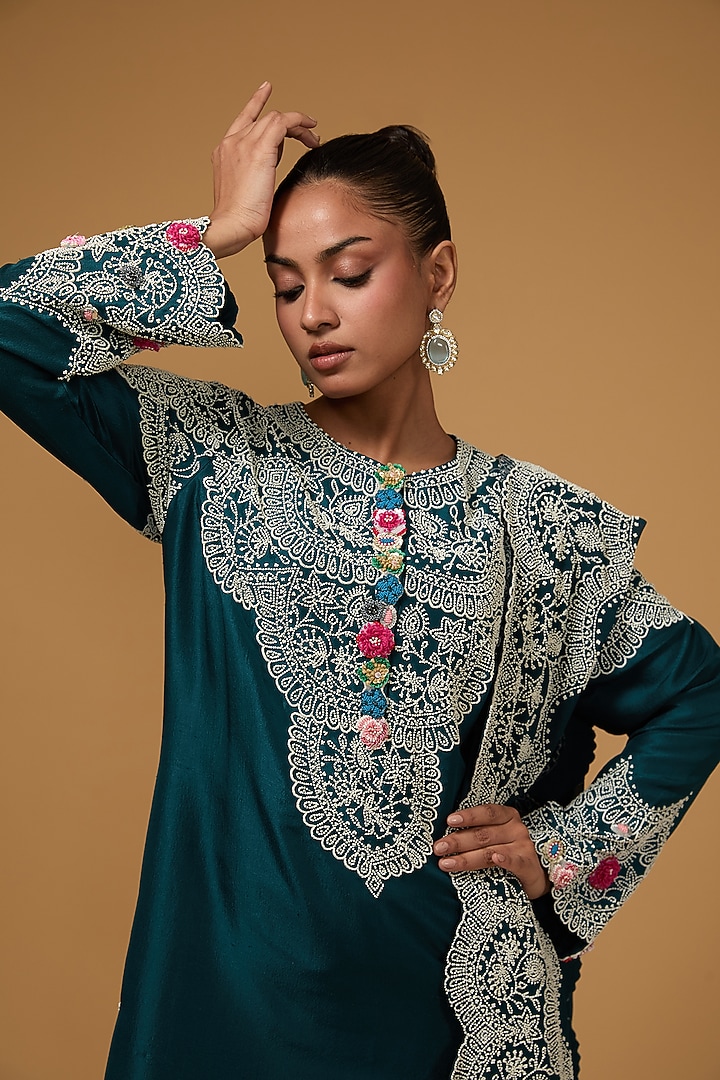 Peacock Blue Dupion Pearl Work Long Kurta Set by Minaxi Dadoo at Pernia's Pop Up Shop