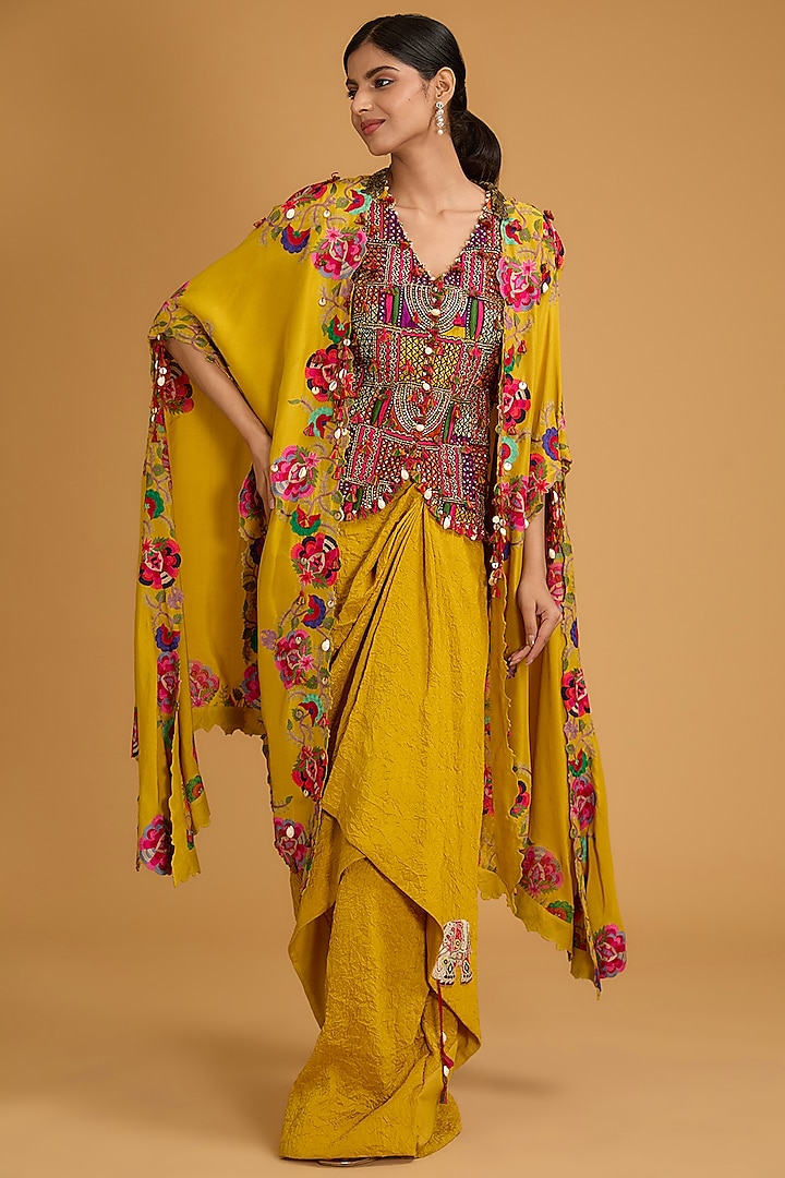Yellow Silk Kashmiri Thread Work Cape Set by Minaxi Dadoo