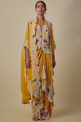 Yellow Organza Pearl Work Butterfly Cape Set by Minaxi Dadoo
