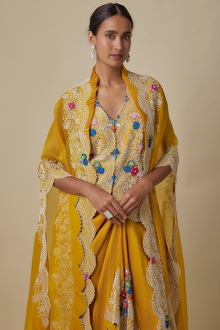 Yellow Organza Pearl Work Butterfly Cape Set by Minaxi Dadoo at Pernia's Pop Up Shop