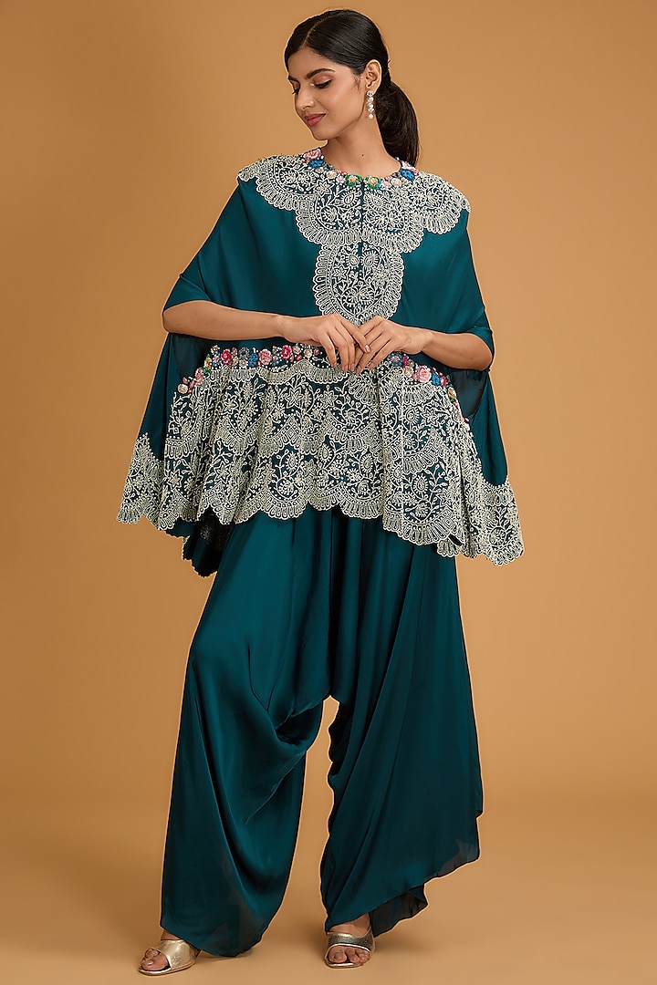 Peacock Blue Dupion Pearl Work Cape Set by Minaxi Dadoo