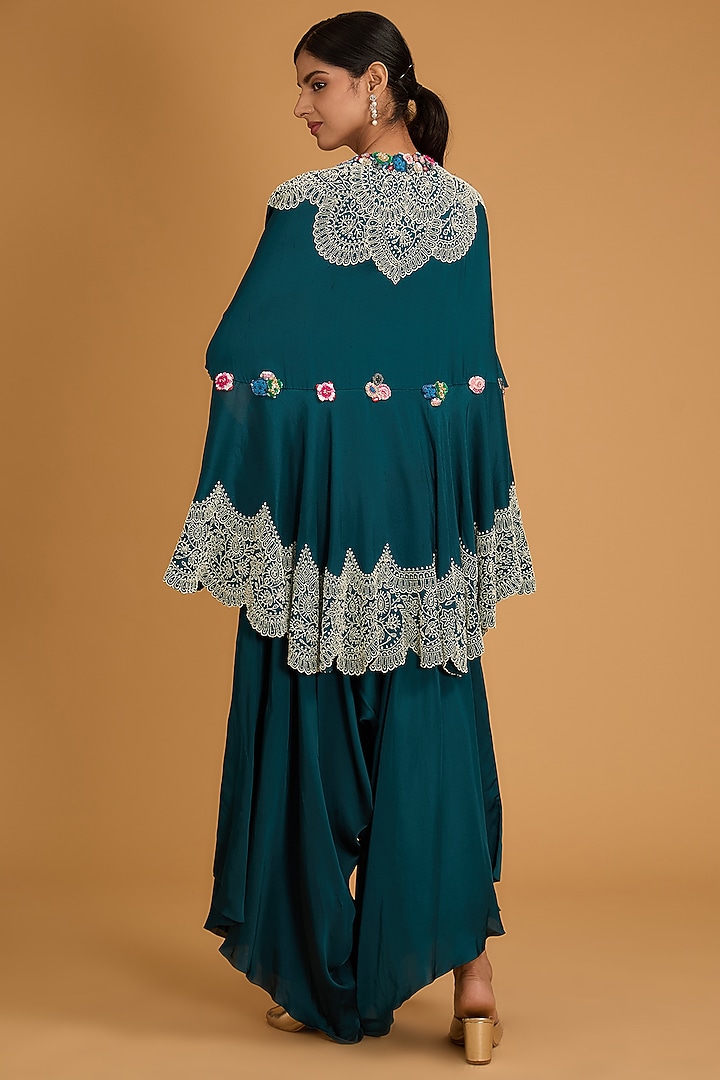 Peacock Blue Dupion Pearl Work Cape Set by Minaxi Dadoo at Pernia's Pop Up Shop