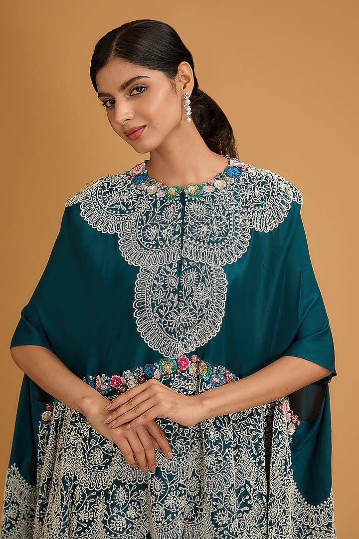 Peacock Blue Dupion Pearl Work Cape Set by Minaxi Dadoo at Pernia's Pop Up Shop