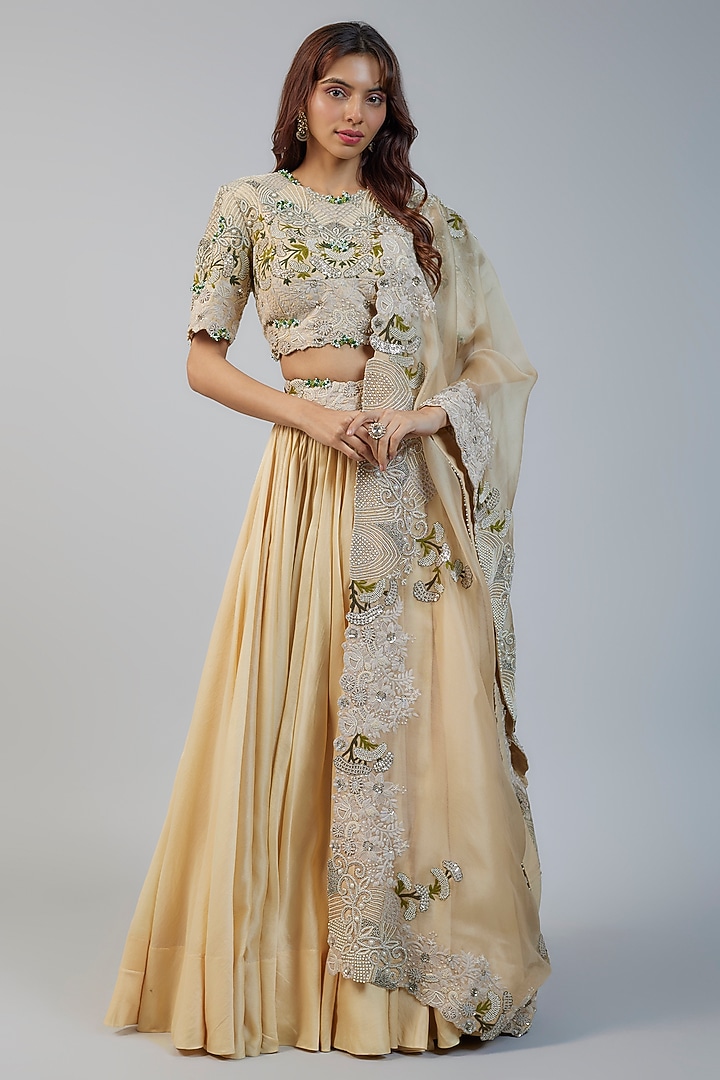 Beige Chanderi Bridal Lehenga Set by Minaxi Dadoo at Pernia's Pop Up Shop