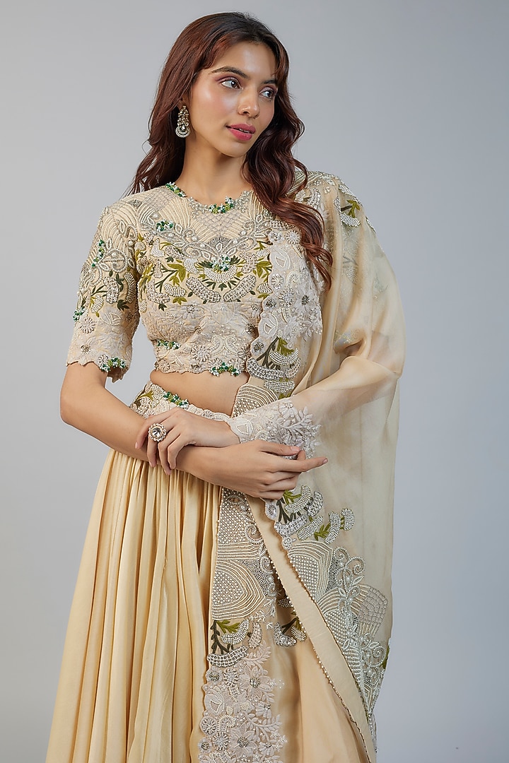 Beige Chanderi Bridal Lehenga Set by Minaxi Dadoo at Pernia's Pop Up Shop