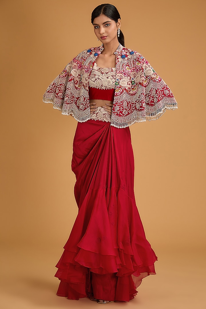 Red Silk Thread Work Cape Set by Minaxi Dadoo